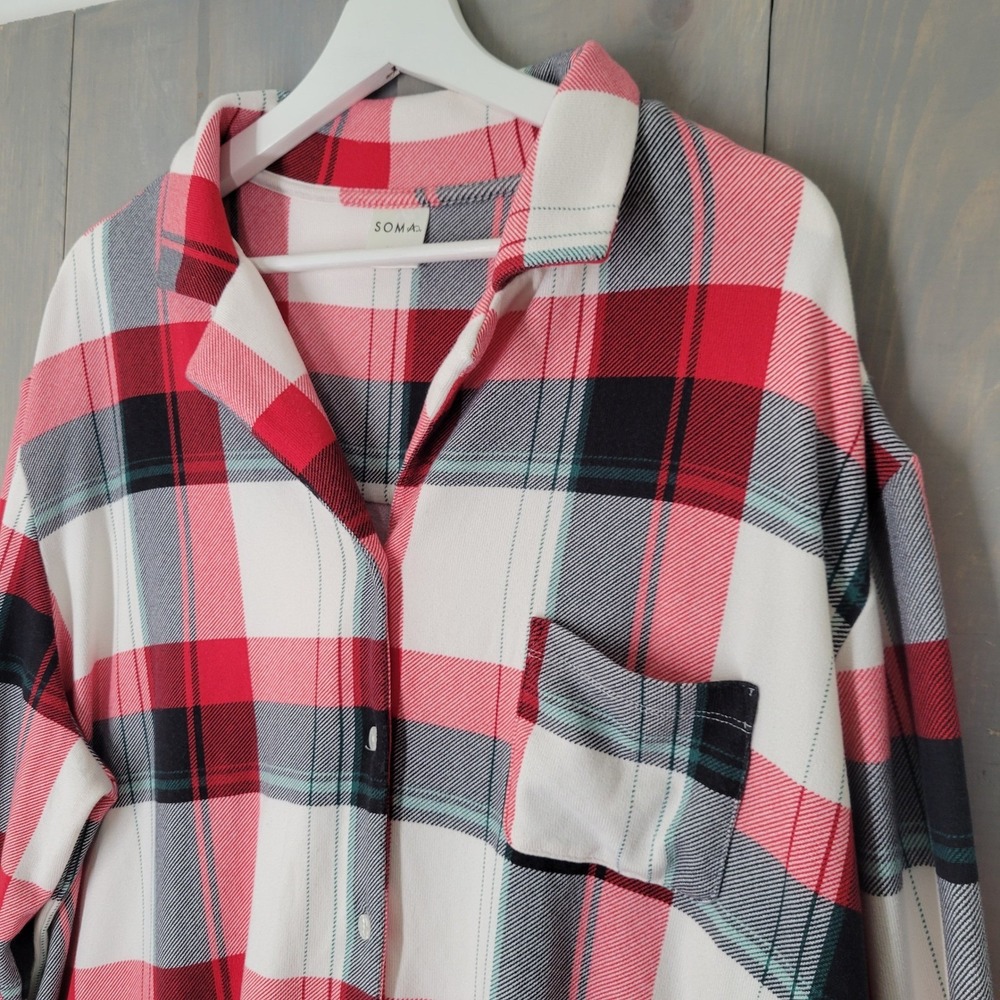 Soma Pajama Top Womens XL Red White Plaid Button Down Sleep Shirt Long Sleeve - Picture 2 of 10